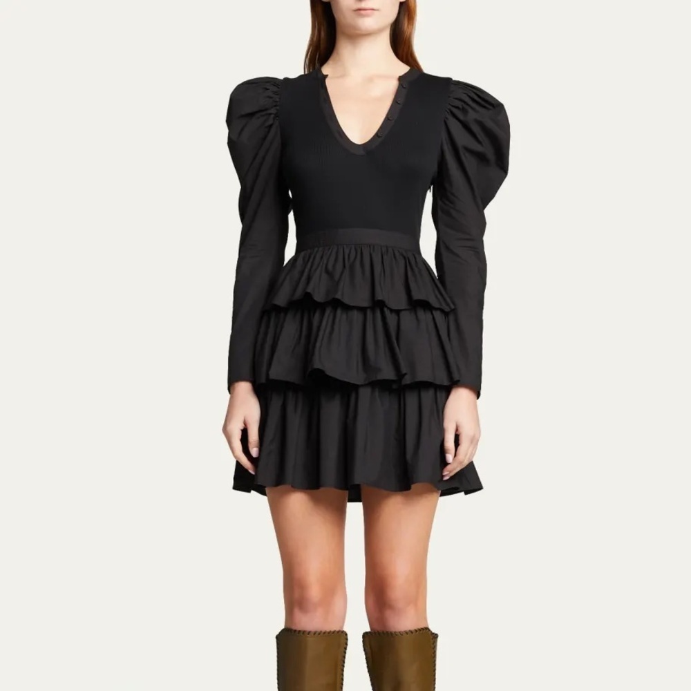 Ulla Johnson Black Cotton Long Puff Sleeve Tiered Ruffle Mini Dress - Medium